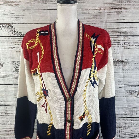 Vintage Karen Scott Cardigan Sweater size Small Red Blue Nautical Sailor Boating - Picture 2 of 10